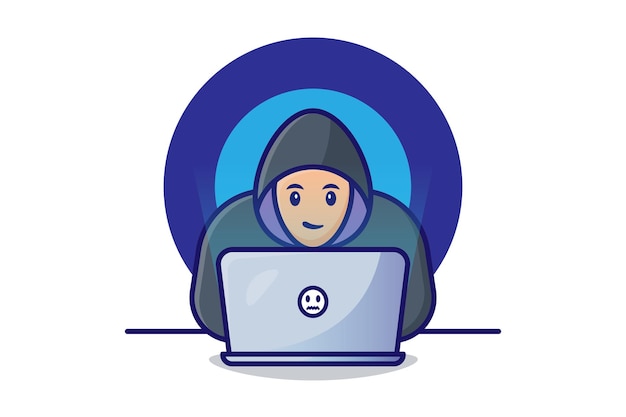 L'illustrazione di un hacker che utilizza un computer portatile utilizza lo sfondo bianco del vettore moderno dei cartoni animati