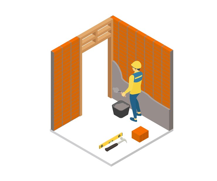 Vettore l'illustrazione in stile isometrico di un costruttore sta cementando la muratura