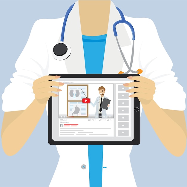 L'illustrazione vettoriale di un medico o di un'infermiera che tiene in mano un tablet medico