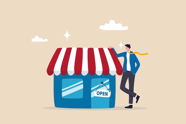 L'imprenditore e l'imprenditore avviano una piccola impresa o un negozio al dettaglio aperto di fronte al negozio o il concetto di negozio online imprenditore di fiducia in piedi con la sua nuova società di apertura o di fronte al negozio
