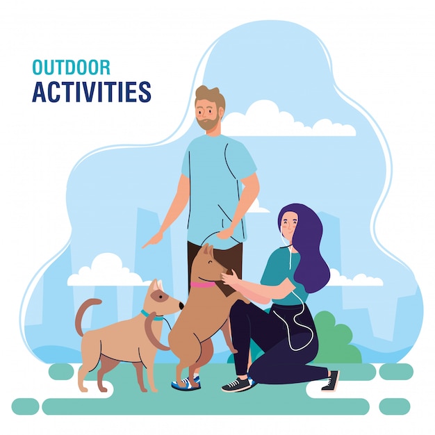 L'insegna, coppia che esegue le attività all'aperto di svago, coppia cammina con progettazione dell'illustrazione dei cani