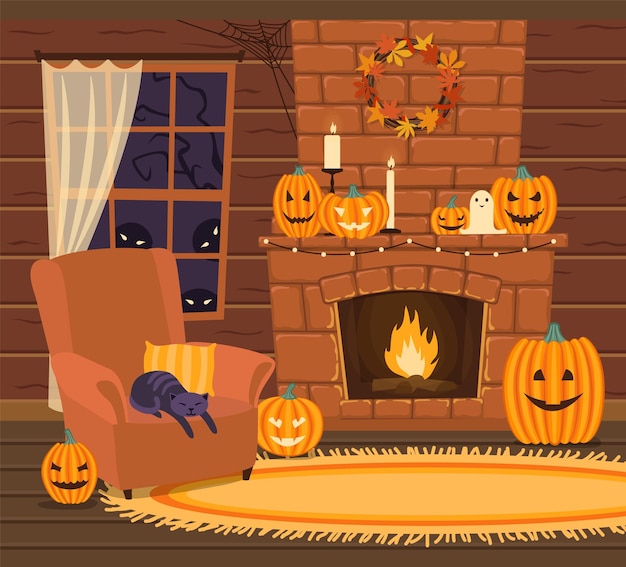L'interno della capanna è decorato per Halloween. Finestra, camino e sedia