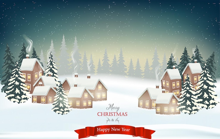 Vettore l'inverno sta arrivando. notte innevata con abeti, foreste di conifere, ghirlande leggere, neve che cade, paesaggio boschivo per le vacanze invernali e di capodanno.