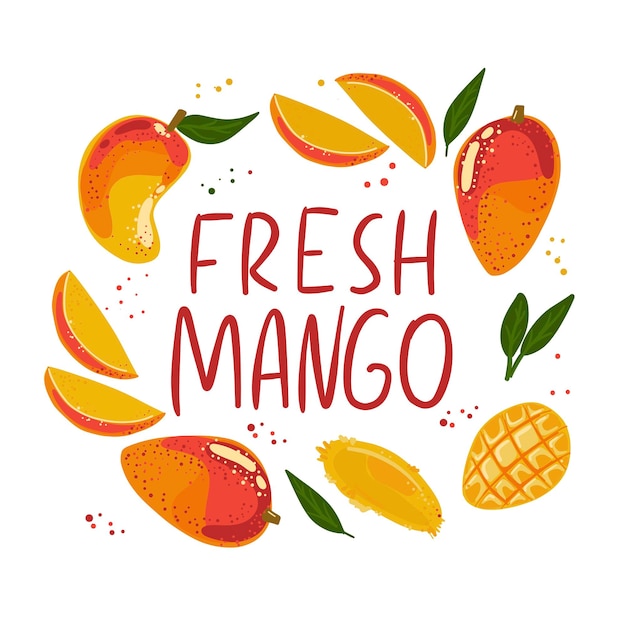 L'iscrizione mango fresco Una raccolta di diversi tipi di mango Ingredienti per cucinare Vega