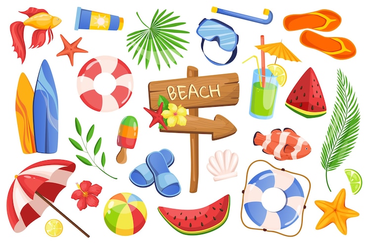 Vettore l'ora legale imposta elementi grafici in design piatto fascio di puntatore spiaggia fiori foglia tropicale protezione solare stella marina salvagente gelato tavola da surf e altri oggetti isolati illustrazione vettoriale