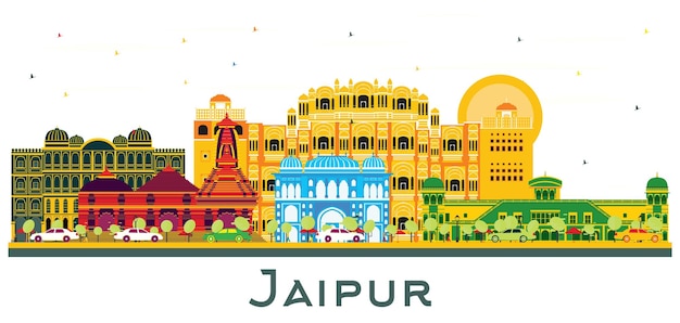 L'orizzonte della città di Jaipur, in India, con edifici colorati isolati sul bianco