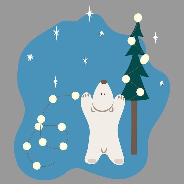 L'orso polare decora l'albero di Natale delle ghirlande. clipart con il cielo di stelle per Natale o Capodanno
