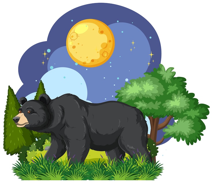 Vettore l'orso sotto il cielo notturno illuminato dalla luna