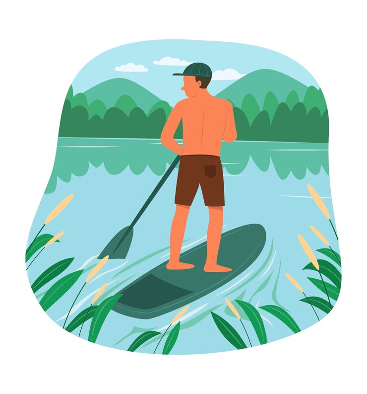 Vettore l'uomo canottaggio in kayak nel fiume