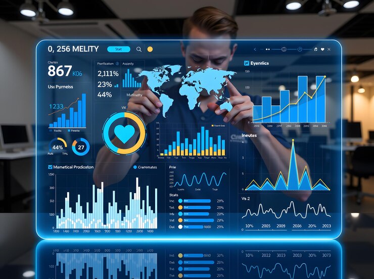 L'uomo che interagisce con i dati aziendali olografici