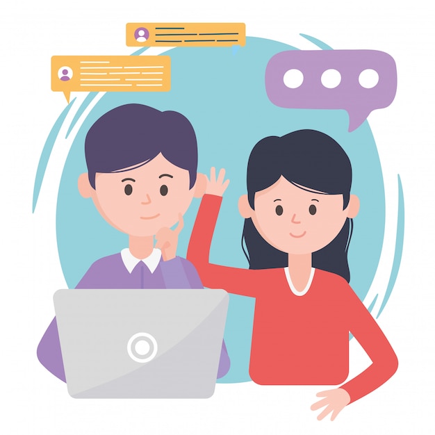 L'uomo con la donna in chat portatile parla la comunicazione e le tecnologie dei social network