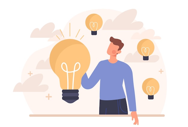 L'uomo con la lampadina concetto di emergenza di idee start-up soluzioni insolite creatività sviluppo