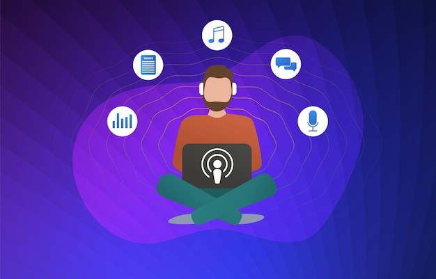 L'uomo con le cuffie ascolta l'app podcast in streaming online
