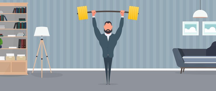 Vettore l'uomo d'affari alza il bilanciere con monete d'oro. un uomo vestito con un bilanciere. il concetto di un business di successo e crescita dei ricavi. vettore.