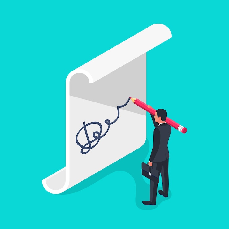 Vettore l'uomo d'affari con la penna grande mette la firma su un pezzo di carta illustrazione vettoriale design 3d isometrico business tecnologico moderno accetto conferma legale