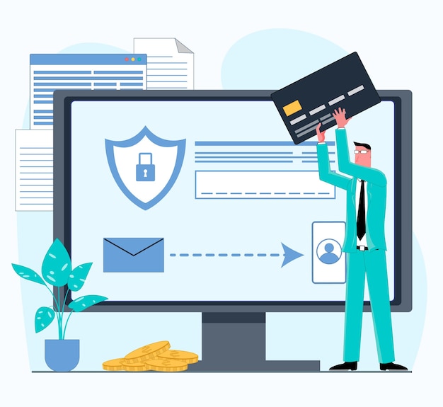 l'uomo d'affari effettua il pagamento sicuro dal computer con la verifica della carta e degli sms