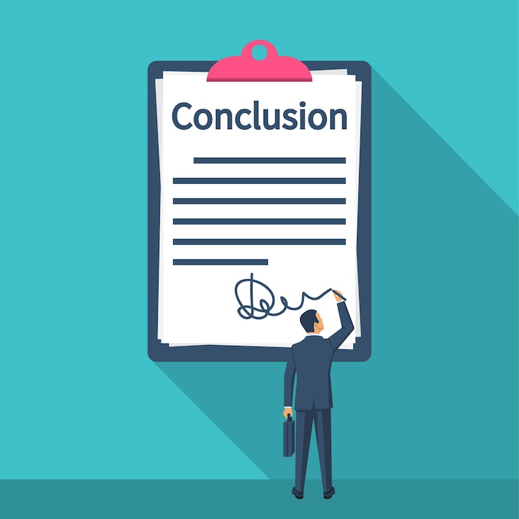 Vettore l'uomo d'affari scrive la conclusione, il concetto di rapporto. scartoffie, fogli in cartella. tenendo gli appunti e la penna in mano. infine, risultato, risultato. design piatto illustrazione vettoriale. isolato su sfondo.