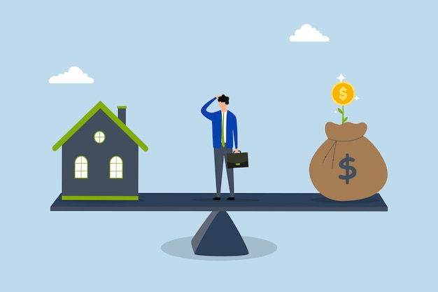 l'uomo d'affari sta ponderando le opzioni di pagare il mutuo o di investire per il profitto