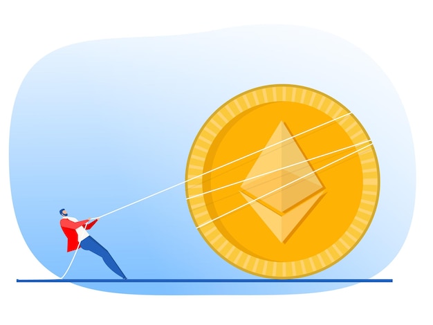 L'uomo d'affari tira la corda verso l'alto la freccia del concetto di crescita della moneta di ethereum Vector flat design.illustrator