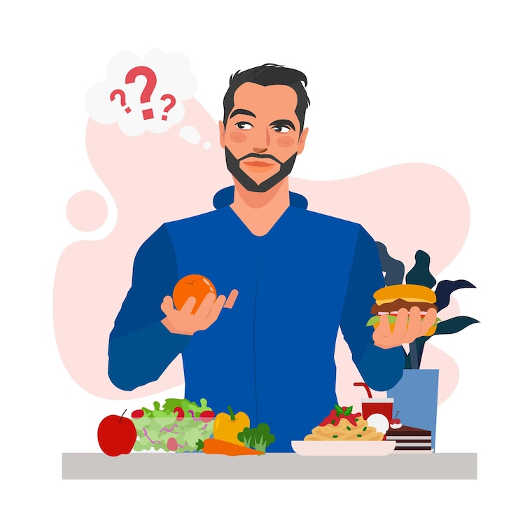 Vettore l'uomo decide cibo spazzatura cibo sano in illustrazione piatta