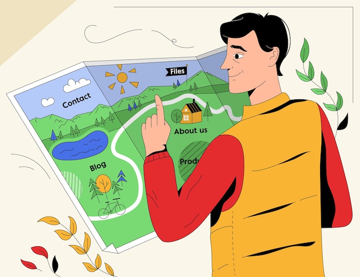 Vettore l'uomo del concetto di navigazione web esamina la mappa di navigazione sul sito web