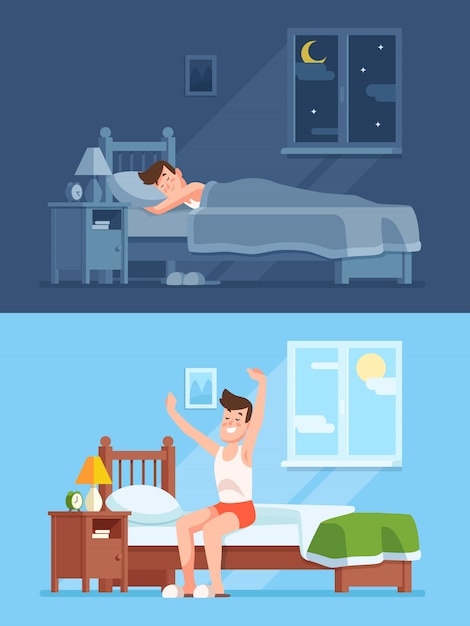 L'uomo dorme sotto il piumone caldo di notte, svegliandosi al mattino e uscendo dal comodo e morbido letto