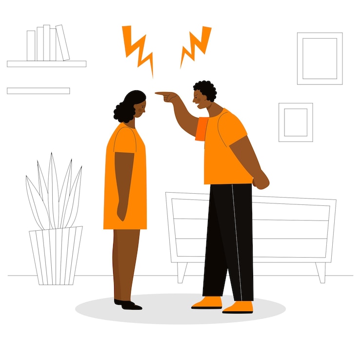 Vettore l'uomo e la donna africani adulti litigano. concetto di conflitti familiari, risentimento, aggressione, divorzio. marito e moglie urlano e imprecano. illustrazione vettoriale piatto isolato.