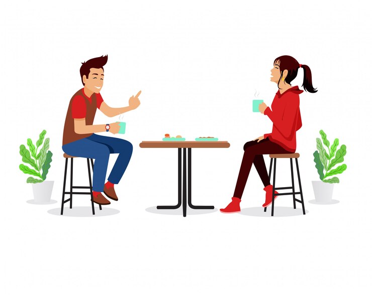 L'uomo e la donna che beve il caffè in un caffè vector piatta illustrazione. tempo in mensa. coppia nella caffetteria