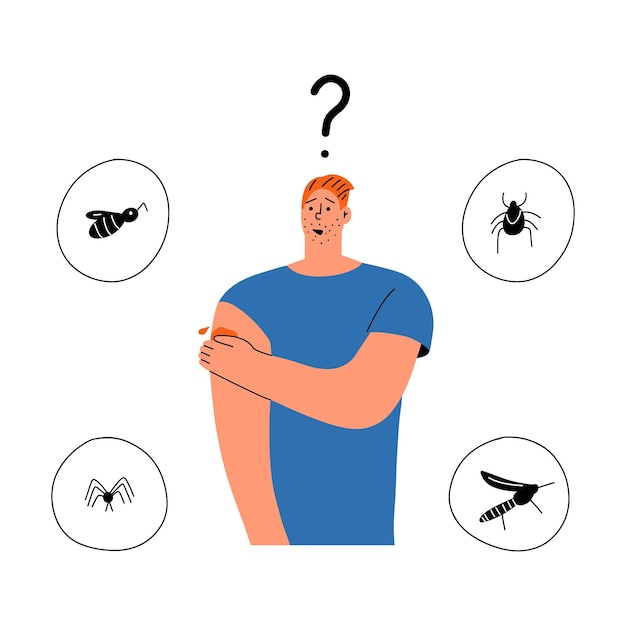 L'uomo è stato morso da un insetto sconosciuto. Illustrazione di disegno a mano vettoriale