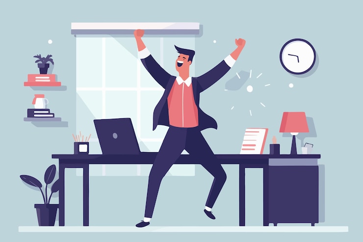 Vettore l'uomo estatico balla godendosi il successo il lavoratore ghignante celebra la vittoria o il risultato sul lavoro riconoscimento del successo grafica vettoriale