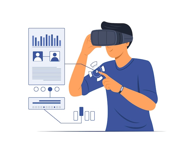 L'uomo indossa gli occhiali per la realtà virtuale per guardare l'infografica