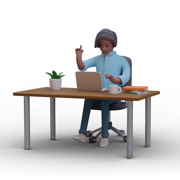 L'uomo nero sta digitando sul laptop L'impiegato comunica online