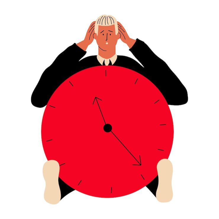 Vettore l'uomo non ha tempo per fare il lavoro entro la scadenza il lavoratore si siede con un grande orologio illustrazione vettoriale in stile piatto