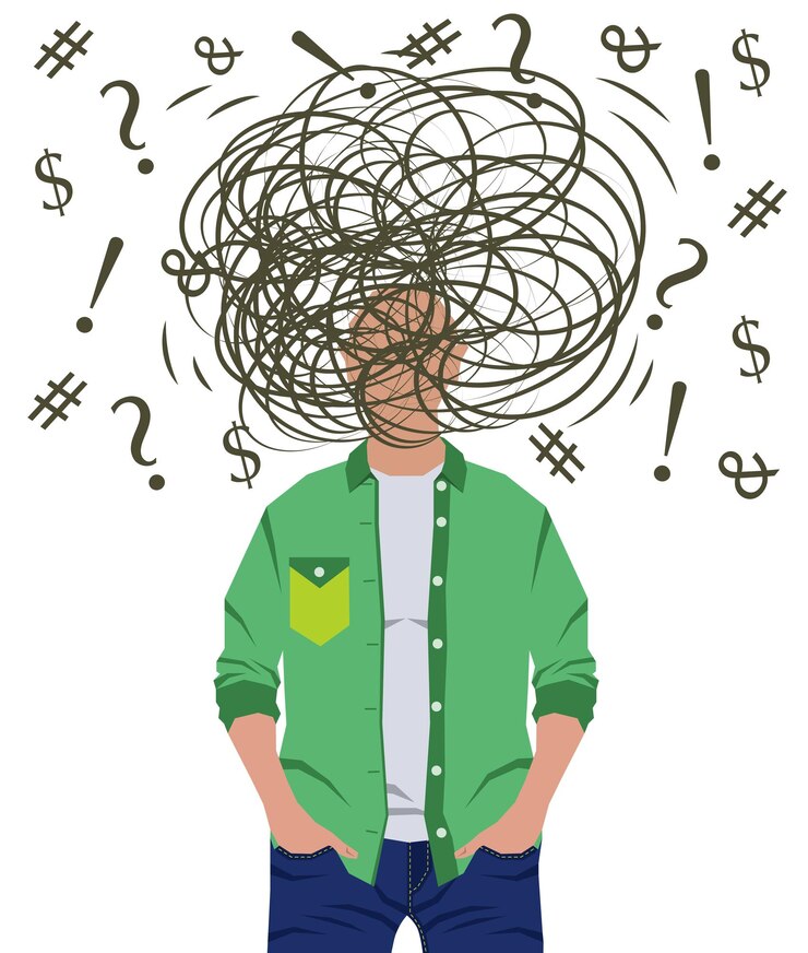 Vettore l'uomo pensa il personaggio maschile in piedi con il segno d'interrogazione e i simboli di valuta illustrazione piana vettoriale.