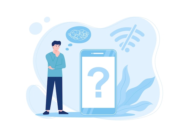 l'uomo pensa perché il telefono non è un'illustrazione piatta del concetto di tendenza della rete