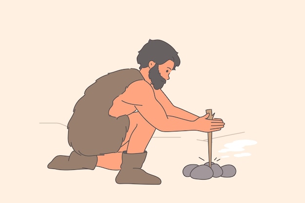 L'uomo primitivo fa fuoco usando rami d'albero e pietre nel processo di sviluppo evolutivo