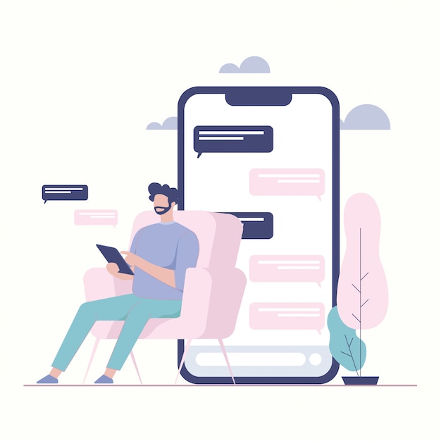 l'uomo si siede tenendo handphone. app di chat. chat a bolle