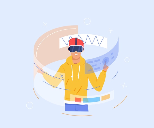 L'uomo sposta l'oggetto in occhiali VR Concetto di tecnologia virtuale Un giovane uomo che sposta oggetti utilizzando un auricolare VR di realtà virtuale Metaverse Digital Virtual Reality Technology Illustrazione vettoriale