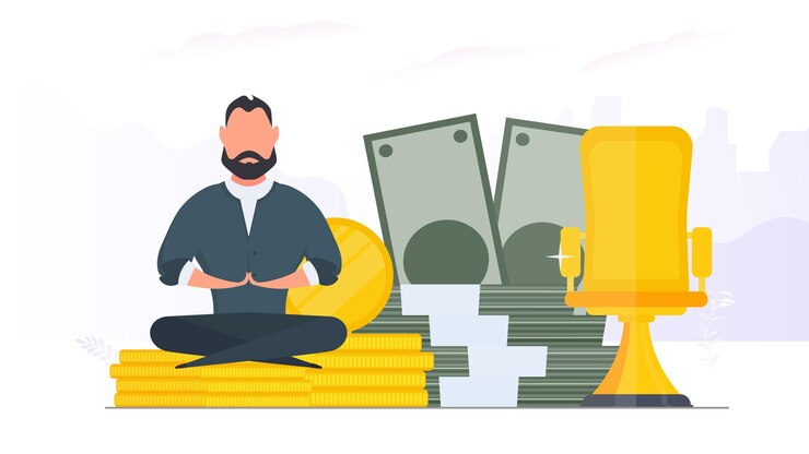 Vettore l'uomo sta meditando sullo sfondo del denaro. uomo d'affari che fa yoga. grande pila di dollari e monete d'oro. vettore.