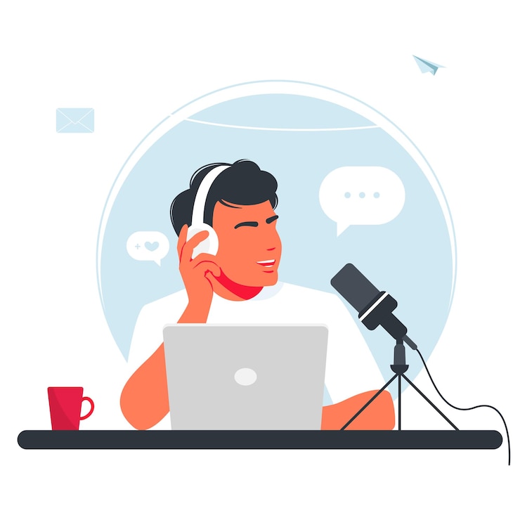 Vettore l'uomo sta registrando un podcast. ragazzo in cuffia che parla in un microfono. il dj della radio trasmette online. persona gioiosa ospite radiofonico che intervista ospite, trasmissione di mass media isolata su bianco