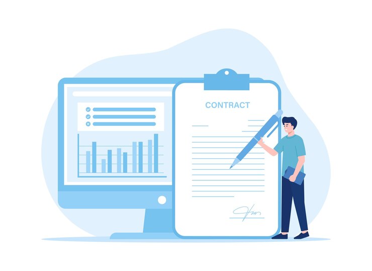 l'uomo sta scrivendo l'illustrazione piatta del concetto di tendenza del contratto