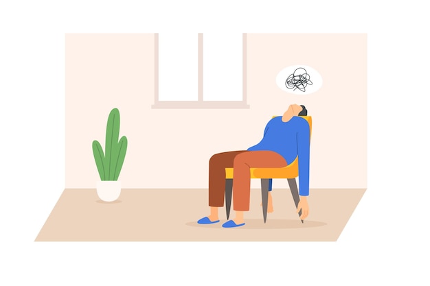L'uomo stanco nella depressione si siede su un'illustrazione di vettore della sedia isolata nello stile piano