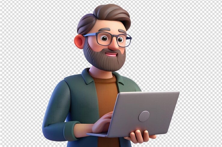 Vettore l'uomo sviluppatore con gli occhiali e la barba lavora su un portatile 3d renderizzato icona isolato
