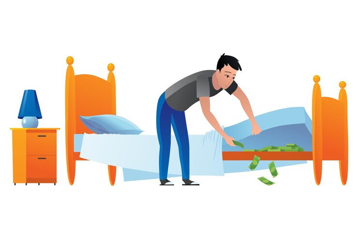 Vettore l'uomo tiene i soldi sotto il materasso del letto carattere maschile scarsa alfabetizzazione finanziaria risparmio di denaro fumetto illustrazione vettoriale isolato su bianco dollaro stash in cattivo posto persona ottenere denaro