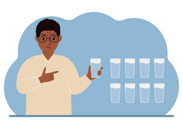 L'uomo tiene in mano un bicchiere d'acqua Infografica sul bilancio idrico 8 bicchieri d'acqua ogni giorno Stile di vita sano