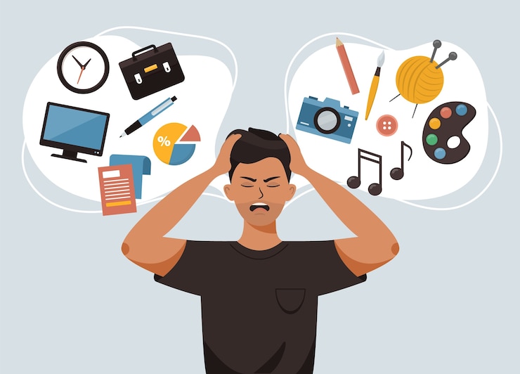 Vettore l'uomo tiene la testa e si sente stressato per la sua futura professione