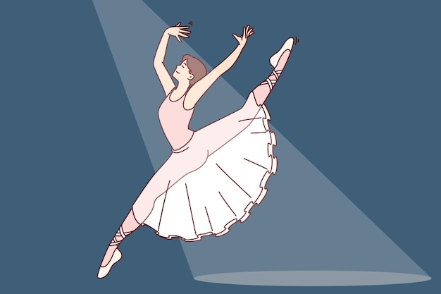 La ballerina salta e danza sul palco del teatro del balletto con il numero della corona