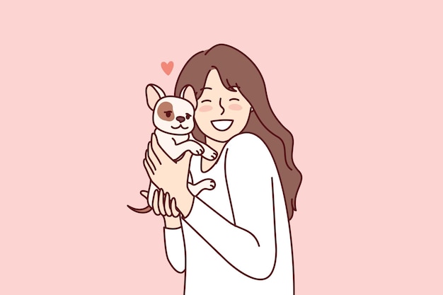 La bambina abbraccia il cucciolo regalato per il compleanno e si rallegra che il cane sia diventato il migliore amico del bambino