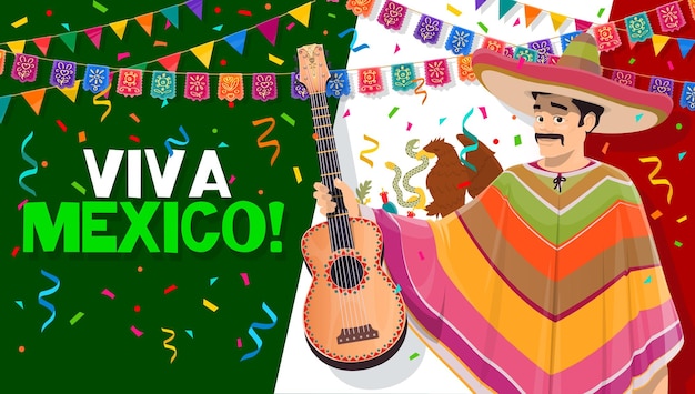 La bandiera del giorno dell'indipendenza messicana, la chitarra del musicista