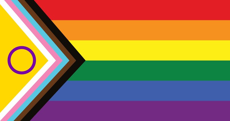 Vettore la bandiera dell'orgoglio del progresso lgbtq con l'immagine vettoriale della bandiera arcobaleno inclusiva intersessuale
